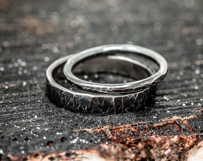 Sterling Silver Iter Ring Set, 2mm and 4mm Wide, Hammered Rustic Wedding Ring Set, Oxidised Effected, The Journey of Life Symbolic