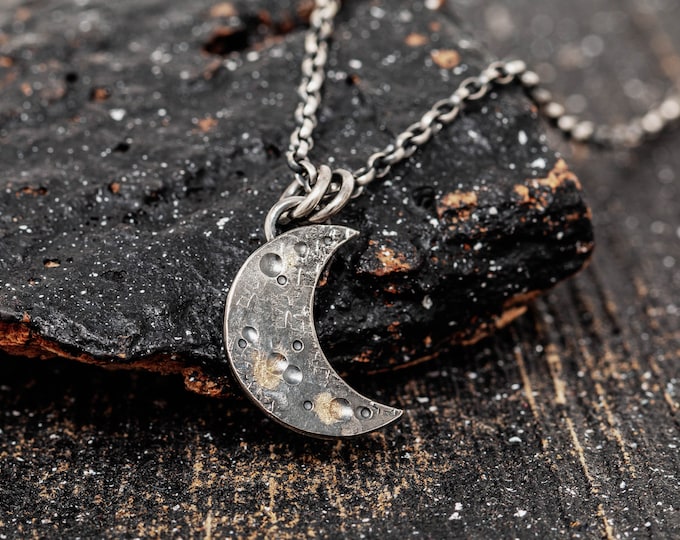 Sterling Silver & Gold Dust New Moon Necklace, Lunar Pendant, Handmade Crescent Moon Necklace, Hand Forged celestial Charm, Gift for Her