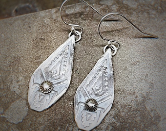 Handmade Sterling Silver Teardrop Earrings, Southwestern Raindrop Earrings, Dangly Earrings, Navajo Patterns, Gift for Her