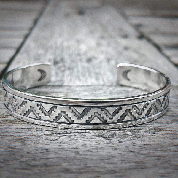 10mm Chunky Sterling Silver Summit Patterned Cuff, Navajo Style Cuff, Handmade Cuff, Heavyweight Cuff, Men’s Cuff, Unisex Cuff