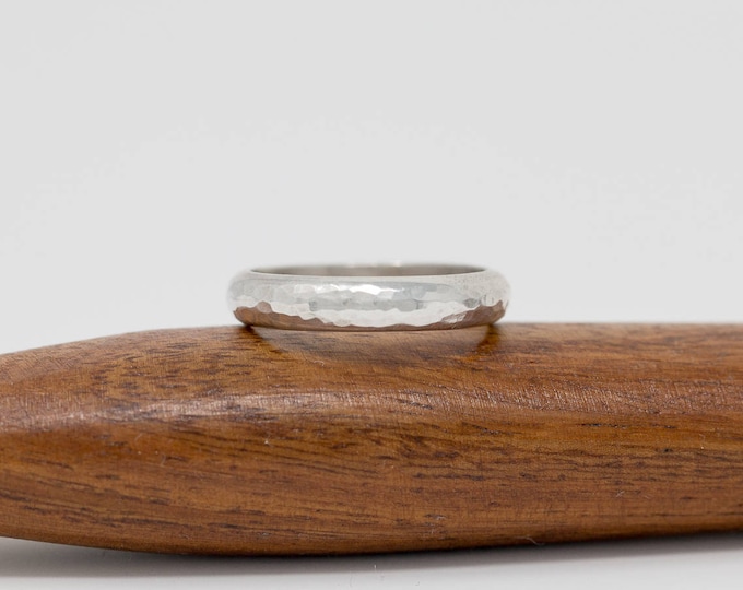 Spectrum Vitae Ring, Sterling Silver, 4mm Wide D Shape Profile, Hand Hammered Wedding Ring, Classic, Minimalist, Simple, Sleek