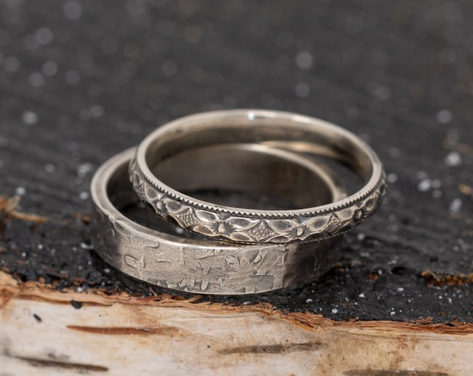 Sterling Silver Wedding Ring Set, Floral Wedding Ring Set, Patterned Wedding Ring Set Bands, his and hers rings, Men's Wedding rings