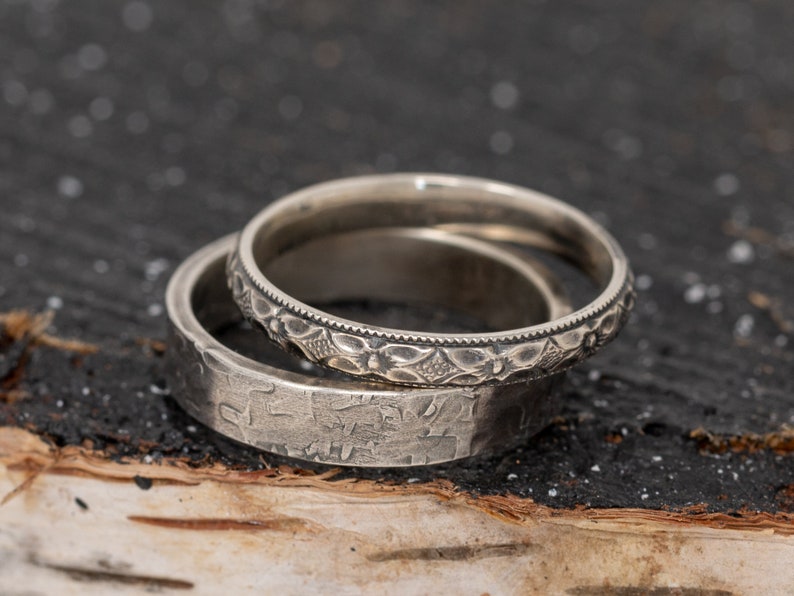 Sterling Silver Wedding Ring Set, Floral Wedding Ring Set, Patterned Wedding Ring Set Bands, his and hers rings, Men's Wedding rings 