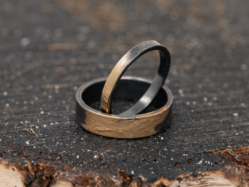 Sterling Silver & 24K gold Keum Boo Ring Set, Matching Rings, Unique Wedding Ring Set, Handmade Wedding Bands, Promise Ring Set image 7