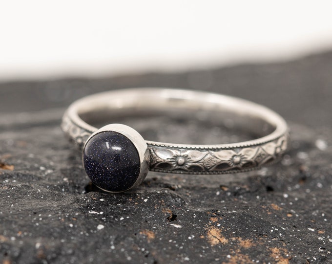 Sterling Silver & Blue Goldstone Ring, Sterling Silver Floral Ring, Deep Blue Stone Ring, Energy Stone Ring, Gift for Her, Inspiration Ring