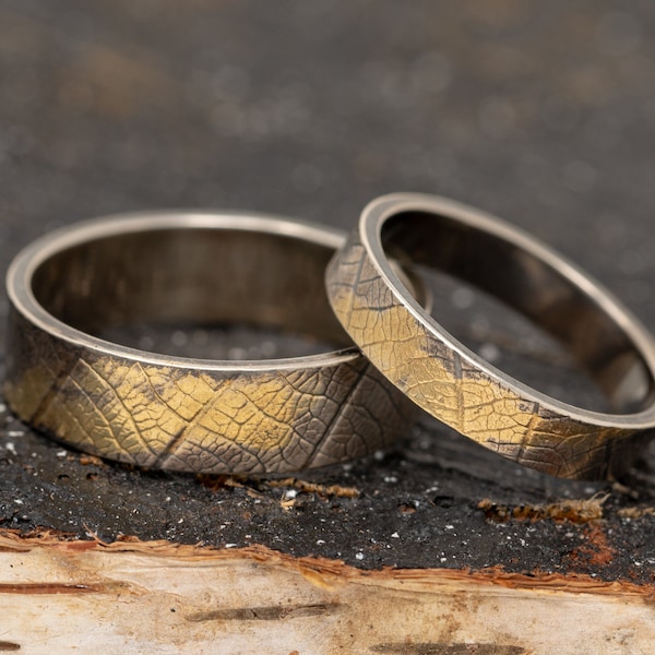 Handmade Sterling Silver and Gold Leaf Rings, 24K Keum Boo Leaf Patterned Wedding Ring Set, His and Her Rings, Matching Engagement Bend Set
