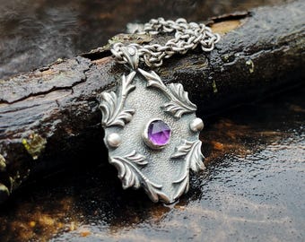 Lumen Amethystum Pendant Necklace, Sterling Silver & Amethyst, February Birthstone Necklace, Handcrafted Botanical Pendant, Artisan Silver