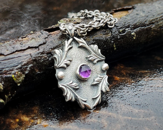 Lumen Amethystum Pendant Necklace, Sterling Silver & Amethyst, February Birthstone Necklace, Handcrafted Botanical Pendant, Artisan Silver