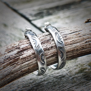 Sterling Silver Half Loop Earrings, Hand Stamped, Navajo, Burst Sun Ray, Southwesten, 6mm Wide 25mm Across, Gift for Her