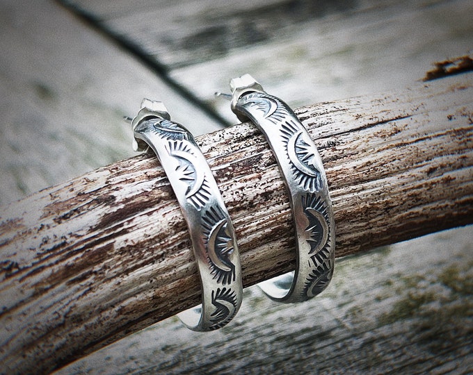 Sterling Silver Half Loop Earrings, Hand Stamped, Navajo, Burst Sun Ray, Southwesten, 4mm Thick 25mm Across, Gift for Her