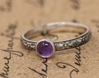 Sterling Silver& Amethyst Ring|Sterling Silver Floral Ring with Amethyst|February Birthstone Ring|Amethyst Ring|Gift for Her|Mothers Gift