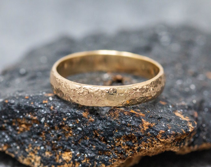Ruptus Ring, in Solid 9ct Yellow Gold, D Shaped Profile, Unconventional Gold Wedding Ring , Hand Forged Indented Gold Ring, Unisex Gold Ring