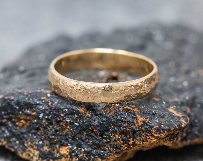 Solid 9ct Yellow Gold Wedding Ring, D Shaped Profile, Rustic Hammered Textured, Hand Forged Indented Gold Ring, Rock Effected Gold Ring