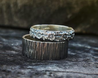 Wild Union Ring Set, Sterling Silver Textured Wedding Bands, Viretus n Wildwood Blossom Rings, Handmade Rustic Nature Inspired Couple Rings