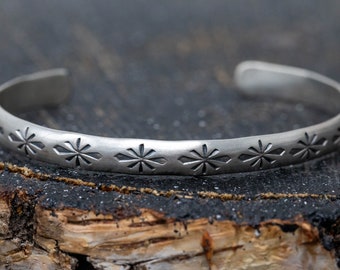 6mm Hand Stamped Sterling Silver Lined Diamond Cuff Bangle, Navajo Patterned Bangle, Oval Shaped, With Open Ends, Adjustable, Gift for Her