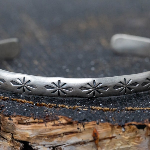 6mm Hand Stamped Sterling Silver Lined Diamond Cuff Bangle, Navajo Patterned Bangle, Oval Shaped, With Open Ends, Adjustable, Gift for Her