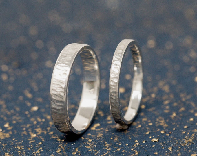 2mm+4mm Wide 9ct White Gold Wedding Ring Set with Rustic Sand Dune Texture, Handmade Wedding Rings, Hand Forged Wedding Rings, Wedding Bands
