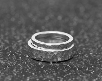 Spectrum Vitae Ring Set, in Sterling Silver, 3mm+6mm Wide, Chunky and Bold, Hammered Finish, Handmade Statement Ring Set, Minimalist