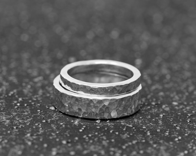 Spectrum Vitae Ring Set, in Sterling Silver, 3mm+6mm Wide, Chunky and Bold, Hammered Finish, Handmade Statement Ring Set, Minimalist