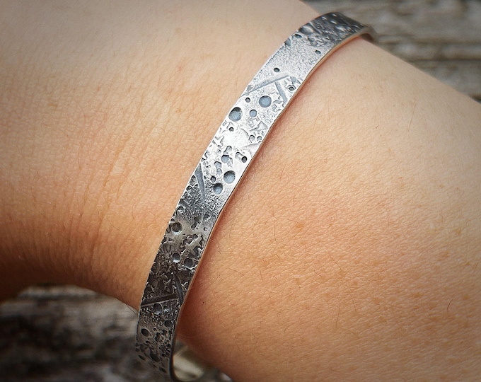 Amor Aeterna Cuff, 6mm Wide, Sterling Silver Textured Bangle, Celestial Effected, Eternal Love Bracelet, Handcrafted Cuff for Men & Women