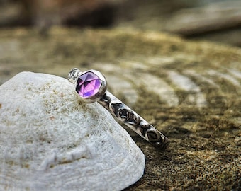 Nocturne Amethyst Ring – Sterling Silver Geometric Ring with Rose Cut Amethyst, February Birthstone