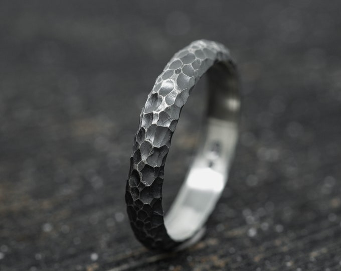 Aeterna Memoria Ring, Sterling Silver, 4mm Wide in D Shape Profile, Hand Forged Rustic Statement Band, Indented, Fully Oxidised, Organic