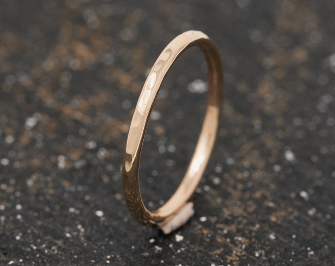 1.5mm Wide 14ct Yellow Gold Hammered Ring, Embossed 14ct Yellow Gold Ring, Handmade Minimalist Gold Ring, Gift for Her