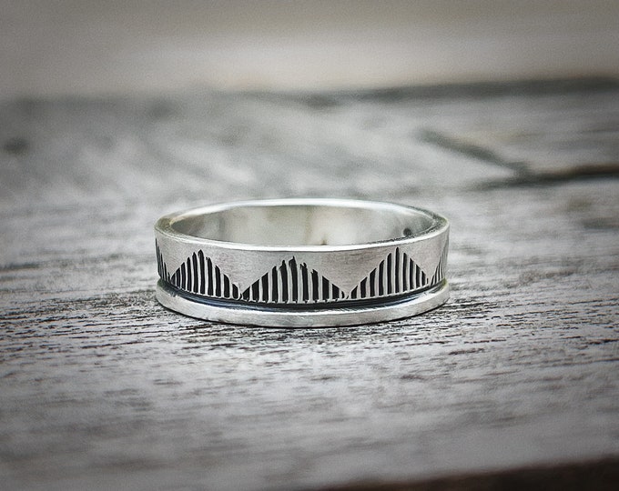 5mm Sterling Silver Hand Stamped Ring, Minimalist Patterned Ring, Geometric Ring, Southwestern Style Ring, Thumb Ring, Unisex Ring
