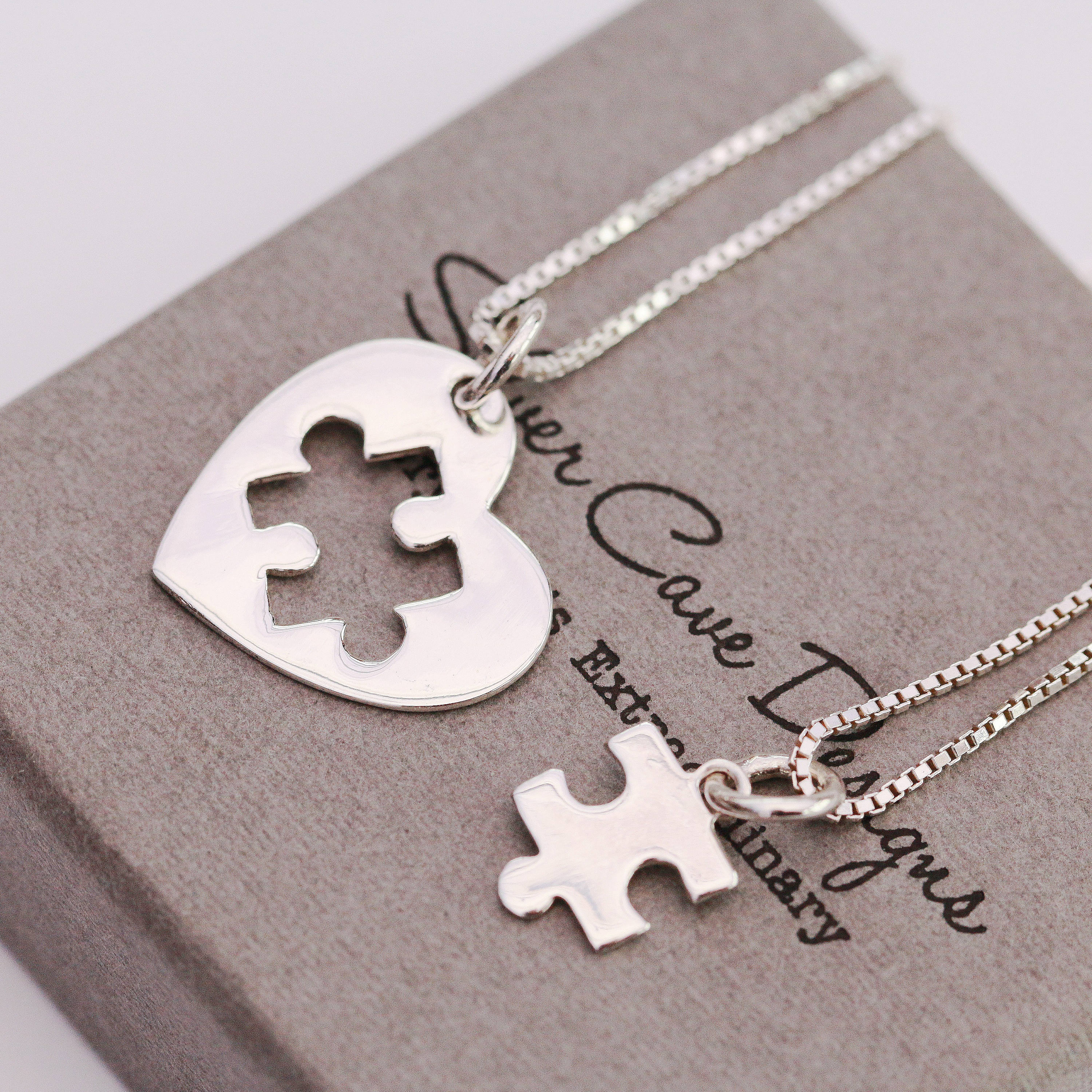 Set of Sterling Silver Heart Puzzle Necklaces, Silver Puzzle Necklace