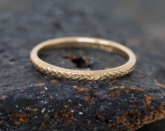 Ceres Ring, 14ct Yellow Gold, Solid Gold Textured Band, 2.5mm Wide, Wheat-Inspired Pattern, Handmade Wedding Ring, Classic, Simple