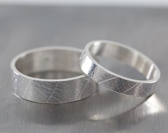 Subtextus Ring Set Sleek Version, Sterling Silver, 4mm and 6mm Wide, Leaf Skeleton Pattern Rings, Couples Rings, Pormise Rings, Minimalist