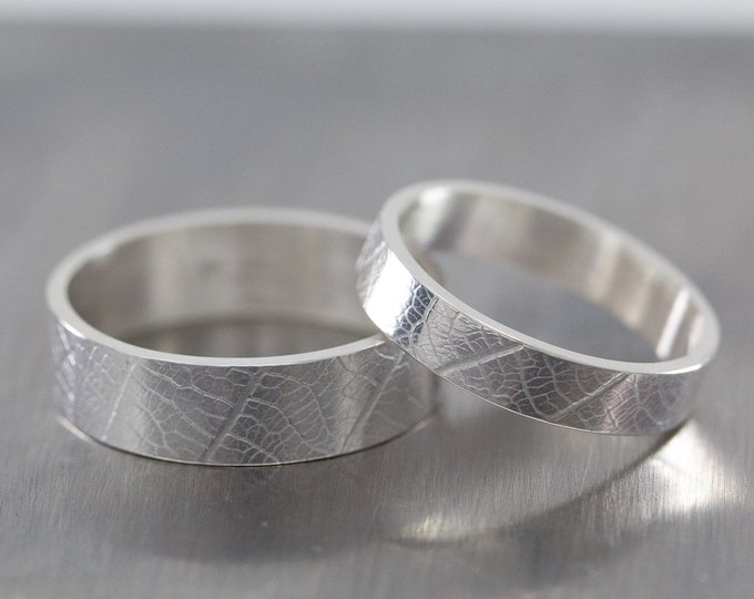 Subtextus Ring Set Sleek Version, Sterling Silver, 4mm and 6mm Wide, Leaf Skeleton Pattern Rings, Couples Rings, Pormise Rings, Minimalist