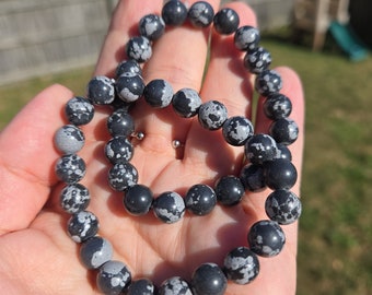 Snowflake Obsidian Crystal Bracelet: 8mm Stretch Beaded Healing Stone