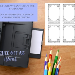 May include: Printable tarot card templates for the Pentacles suit, numbers five through eight. The cards are black and white outlines with room to color in the details. The text "PRINT ON HEAVY PAPER FOR A MORE STURDY CARD" and "YOU CAN FIND SEVERAL COLORS OF CARDSTOCK HERE ON ETSY!!" is visible at the top of the image. The text "PRINT OFF AT HOME" is visible at the bottom of the image.