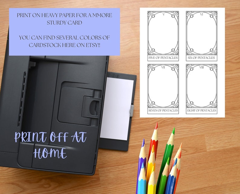 May include: Printable tarot card templates for the Pentacles suit, numbers five through eight. The cards are black and white outlines with room to color in the details. The text "PRINT ON HEAVY PAPER FOR A MORE STURDY CARD" and "YOU CAN FIND SEVERAL COLORS OF CARDSTOCK HERE ON ETSY!!" is visible at the top of the image. The text "PRINT OFF AT HOME" is visible at the bottom of the image.