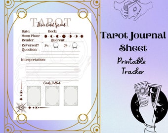 May include: Printable tarot journal sheet with a three card spread layout. The sheet includes sections for date, deck, reader, moon phase, querent, reversed, question, interpretation, and cards pulled. The sheet is decorated with a gold border and a starburst design.