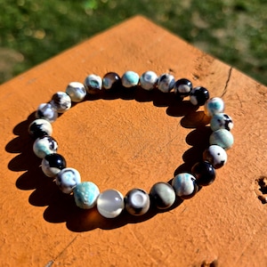 Pulsera elástica de cristal de ágata orca azul, pulsera de cuentas de piedra de ágata orca de 8 mm, joyería unisex, pulsera de ágata orca verde azulado, cuentas redondas