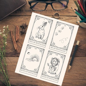 May include: Black and white printable tarot card set featuring the Five, Six, Seven, and Eight of Pentacles. Each card depicts a different illustration with a Roman numeral and the name of the card.