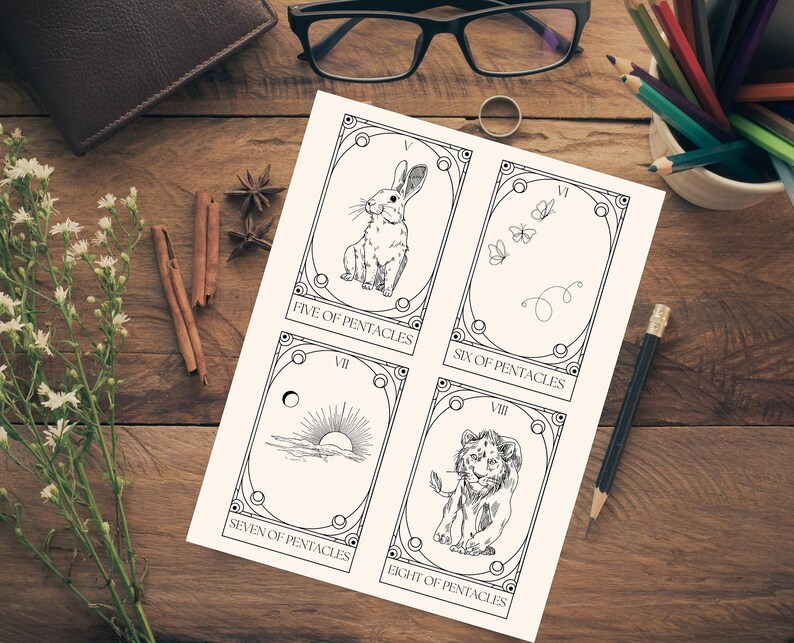 May include: Black and white printable tarot card set featuring the Five, Six, Seven, and Eight of Pentacles. Each card depicts a different illustration with a Roman numeral and the name of the card.