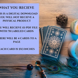 May include: A digital download of 78 tarot cards, each measuring 5x3 inches. The cards are blue with white and gold designs. The image also shows candles, feathers, and a small stone.
