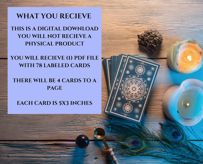 May include: A digital download of 78 tarot cards, each measuring 5x3 inches. The cards are blue with white and gold designs. The image also shows candles, feathers, and a small stone.