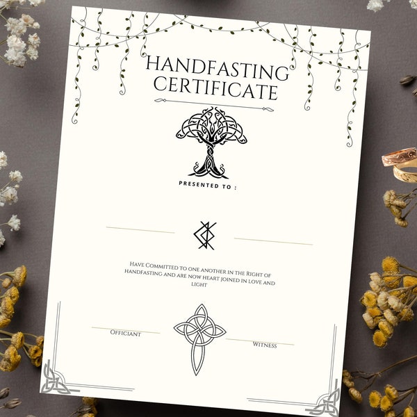 Handfasting certificate printable, pagan wedding engagement ritual witch Celtic Viking blessing binding cord Green Vine minimalist forest