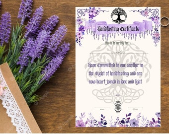 Handfasting certificate printable, pagan wedding engagement ritual druid witch Celtic viking blessing, binding cord purple floral ceremony