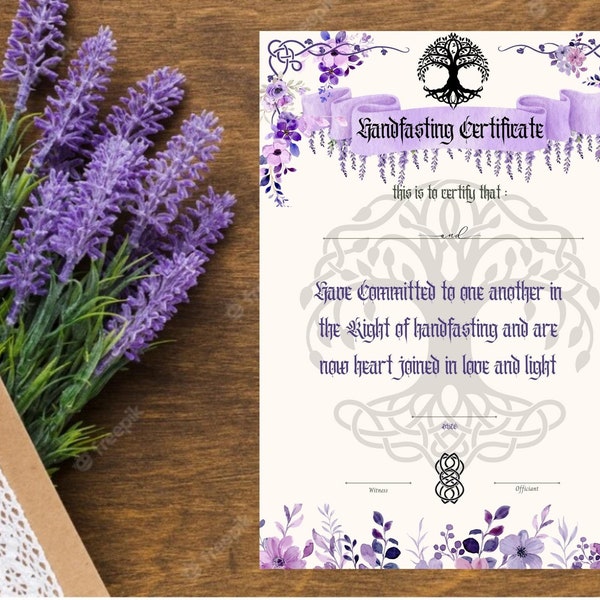 Handfasting certificate printable, pagan wedding engagement ritual druid witch Celtic viking blessing, binding cord purple floral ceremony