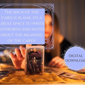 May include: A person's hand holds up a tarot card with a skeletal figure on it. The back of the card is blank, with the text "THE BACK OF THE CARD IS BLANK, ITS A GREAT SPACE TO WRITE KEYWORDS AND NOTES ABOUT THE MEANING OF THE CARDS". The text "DIGITAL DOWNLOAD" is in a circle with a sparkle effect.