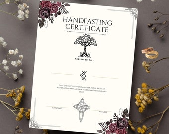 Handfasting certificate printable, pagan wedding engagement ritual druid witch Celtic viking blessing, binding cord red purple minimalist