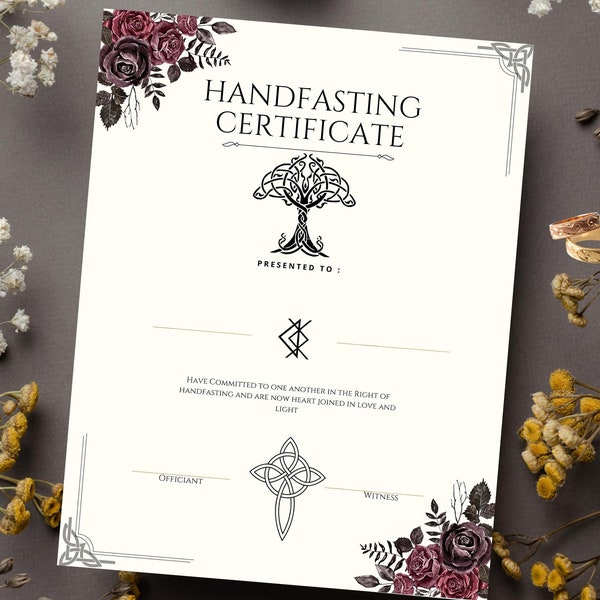 Certificat de mariage imprimable, rituel de fiançailles de mariage païen druide sorcière bénédiction viking celtique, cordon de liaison rouge violet minimaliste