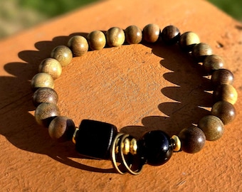 Sandalwood & Black Obsidian Crystal Bracelet: Spiritual Bead Stretch Bracelet