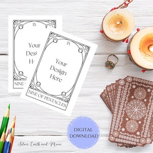 May include: Two printable tarot card templates with a black and white outline of a nine of pentacles card. The text "Your Design Here" is in the center of the card. The text "Nine of Pentacles" is at the bottom of the card. The cards are on a white wooden surface with candles and a deck of tarot cards.