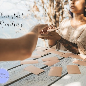 May include: A person is holding a deck of cards, ready to start reading. The cards are laid out on a wooden table. The text "Then start reading" is written in cursive on the image. The text "Digital Download" is in a circle with a purple background.